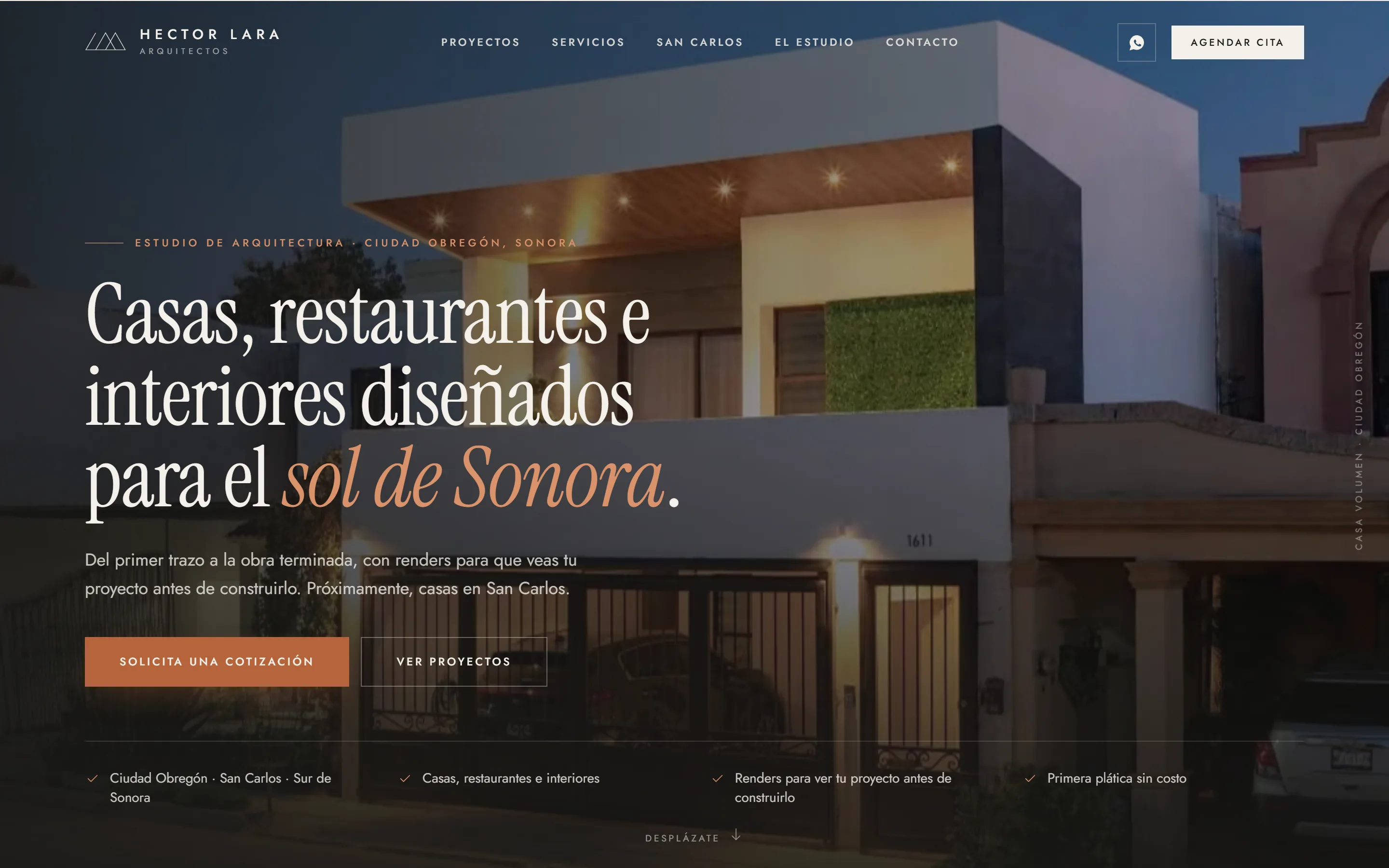 Captura del demo de despacho de arquitectura: portada con fotografía de obra y acceso al portafolio.