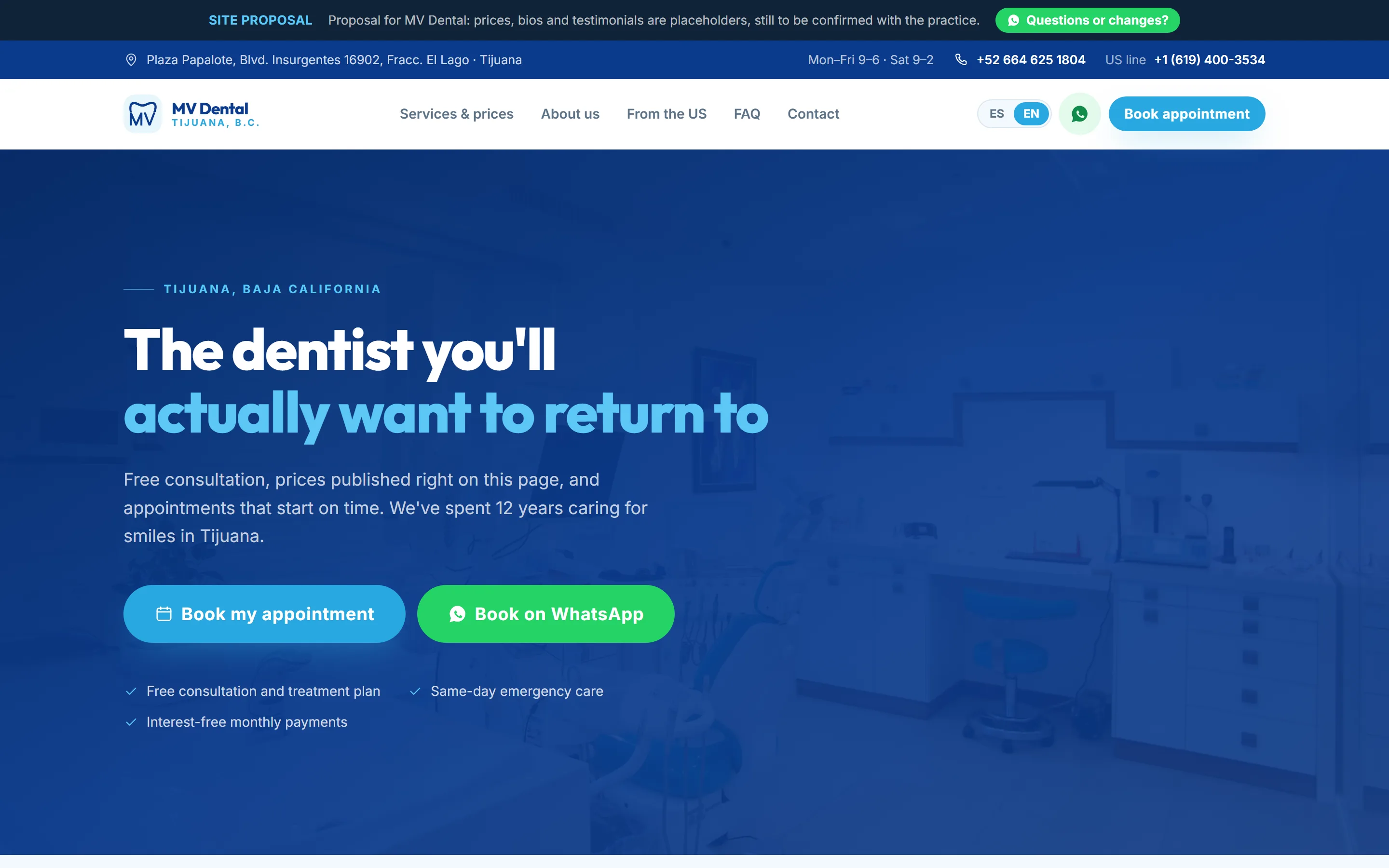 Captura del demo de clínica dental: portada con precios publicados y botón de cita.
