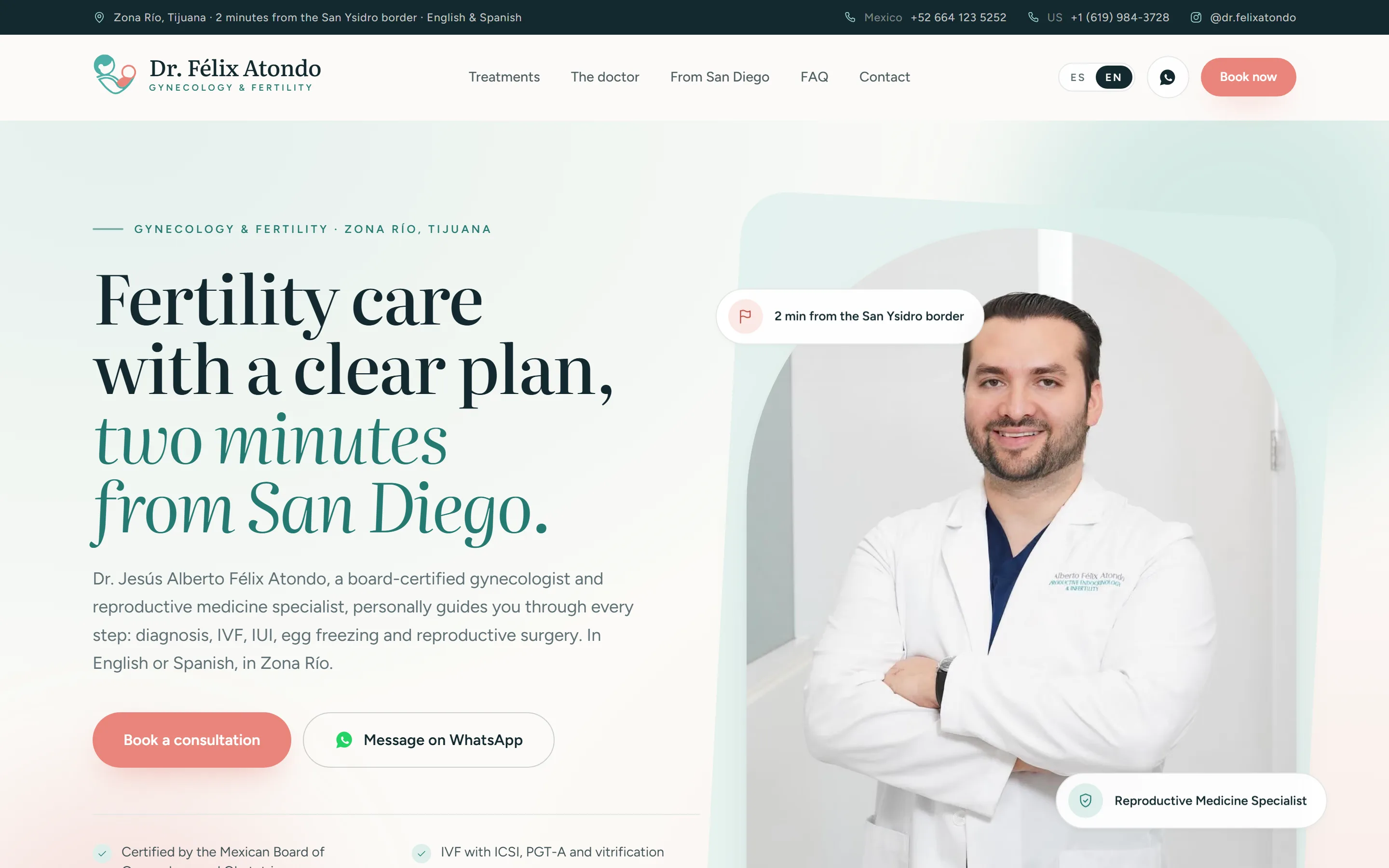 Captura del demo de clínica de fertilidad: portada con la propuesta y los botones de cita.