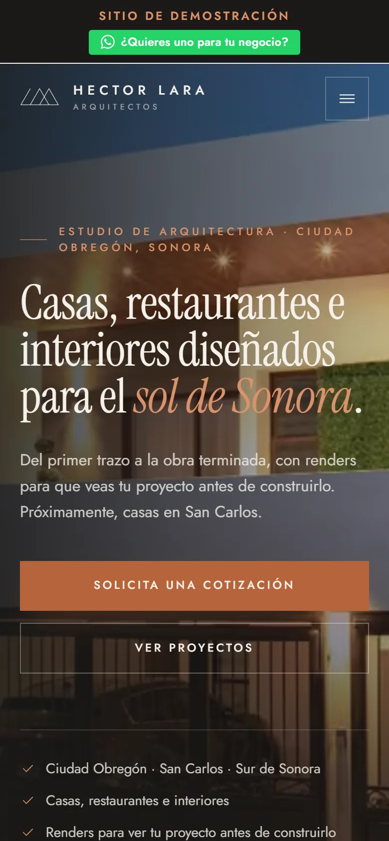 El demo de despacho de arquitectura visto en un celular: portada con fotografía de obra.