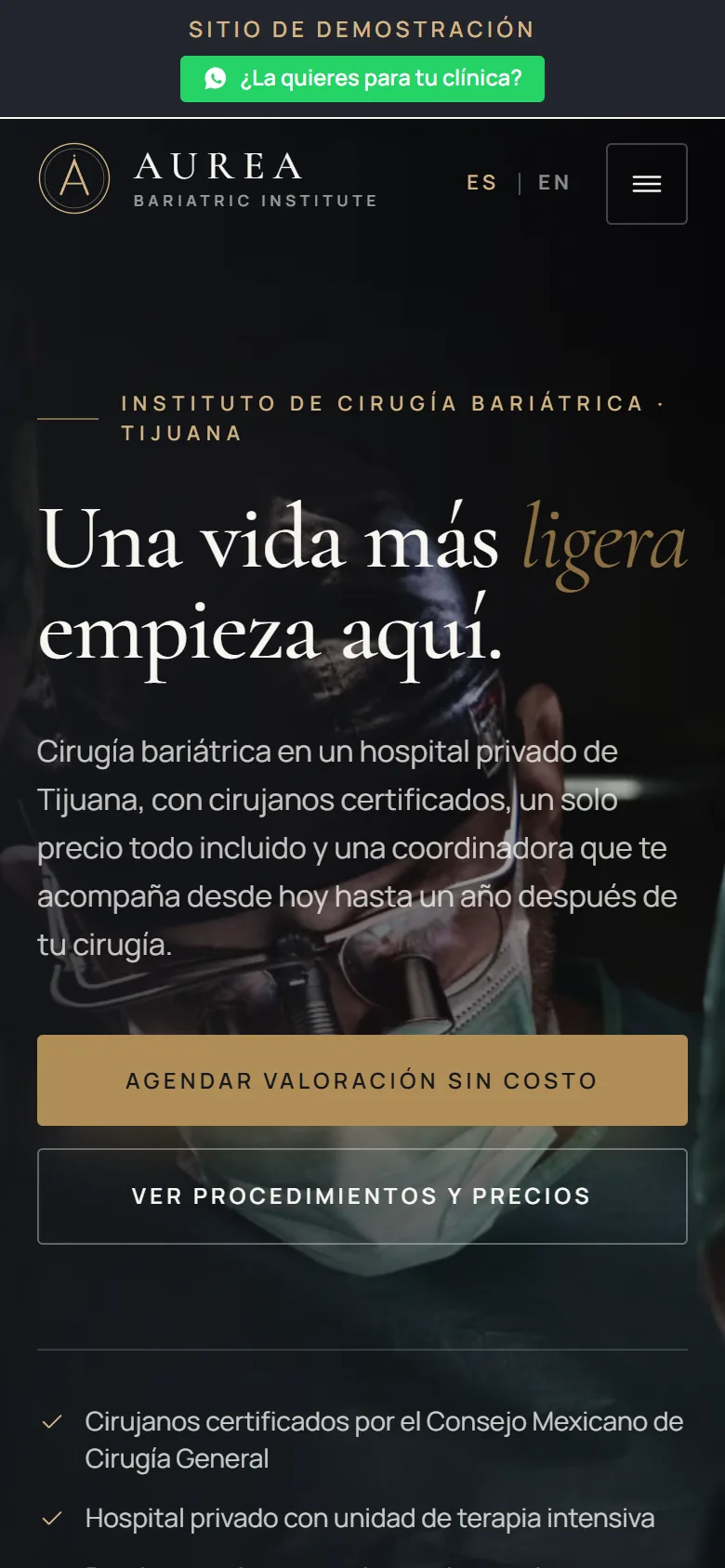 El demo de clínica bariátrica visto en un celular: portada en español con el botón de valoración.