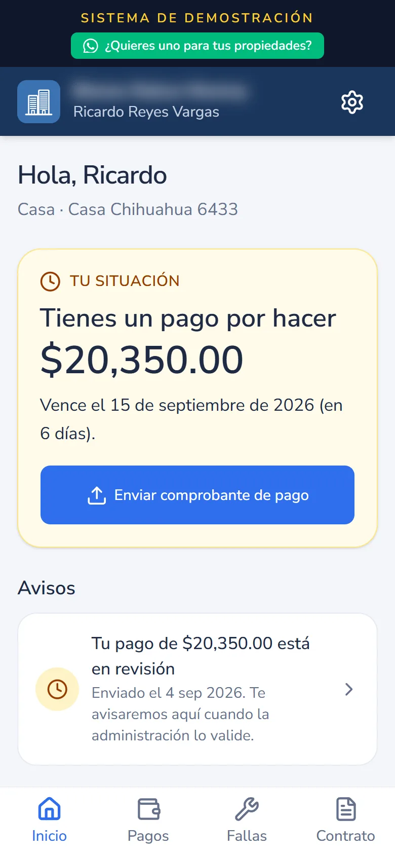 El portal del inquilino del sistema de rentas visto en un celular: pago pendiente y botón para enviar comprobante.