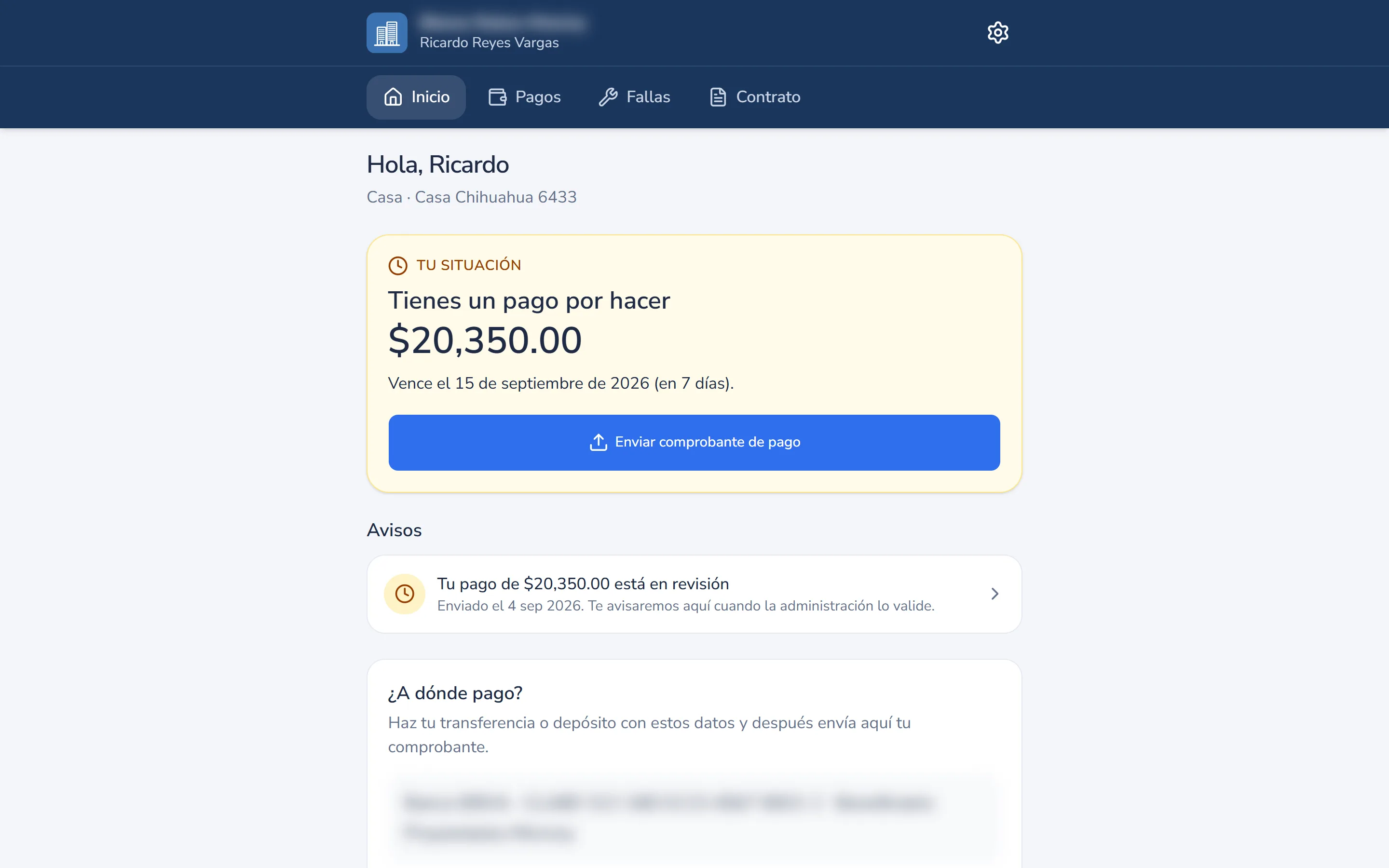 Captura del sistema de rentas: portal del inquilino con su estado de cuenta y el envío de comprobante.
