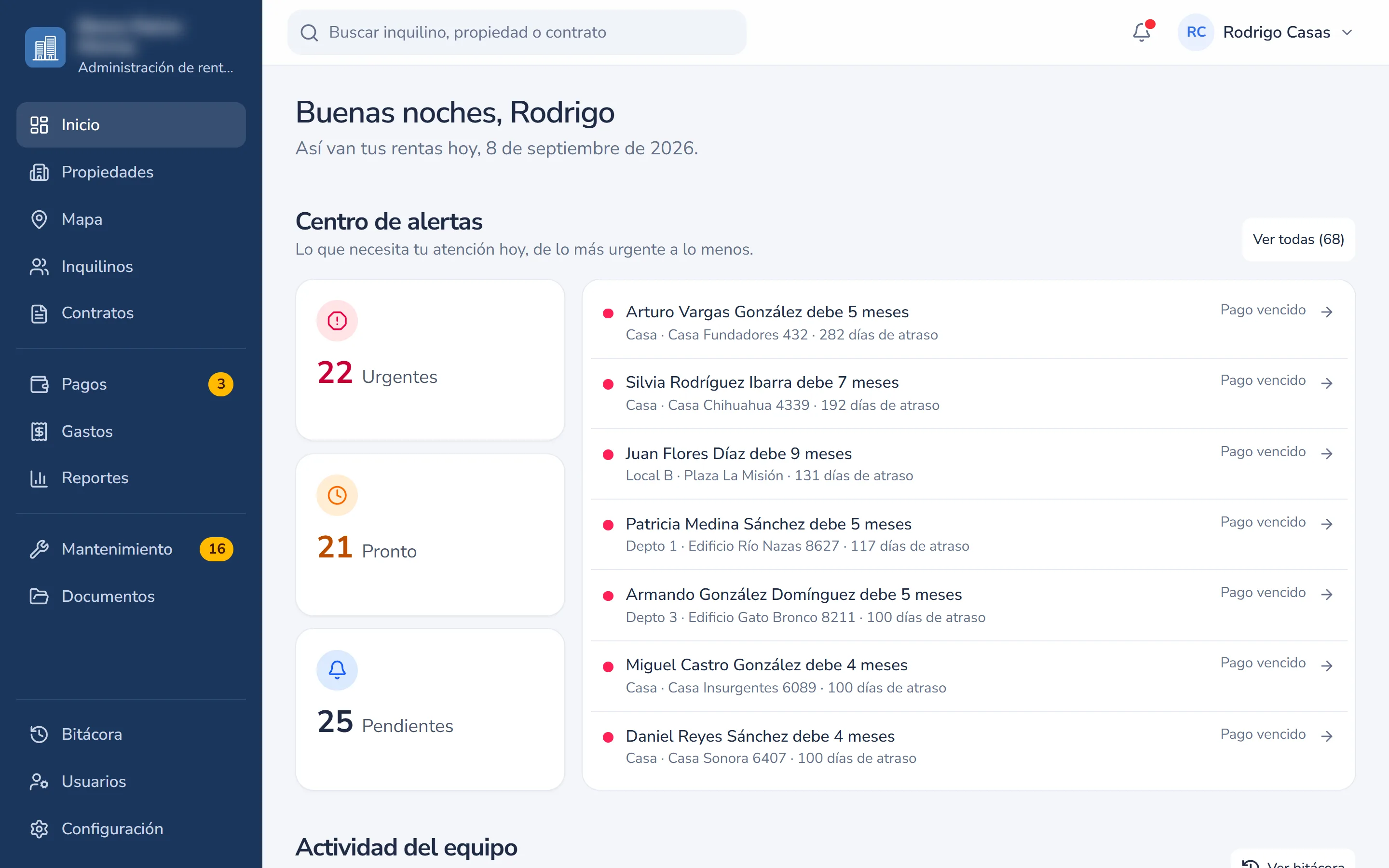 Captura del sistema de rentas: tablero del propietario con la cobranza del mes y los pendientes.