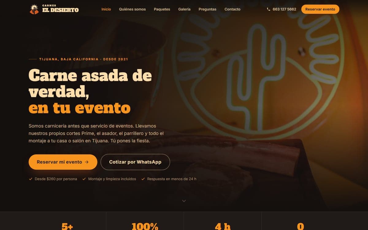 Página de inicio de Carnes El Desierto vista en computadora y celular