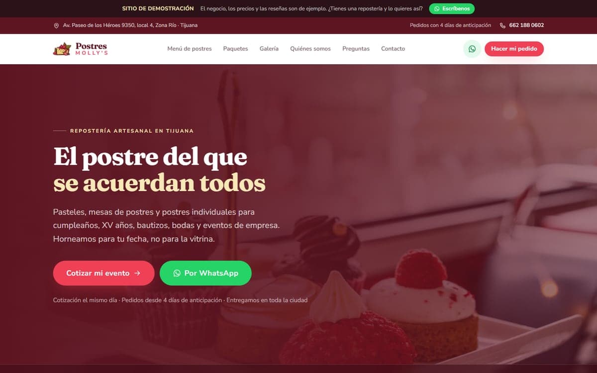 Cotizador en línea de Postres Molly's visto en un celular