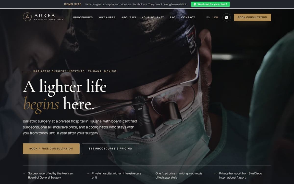 Portada de Aurea Bariatric Institute en inglés, con la foto de un cirujano y el botón para agendar una valoración